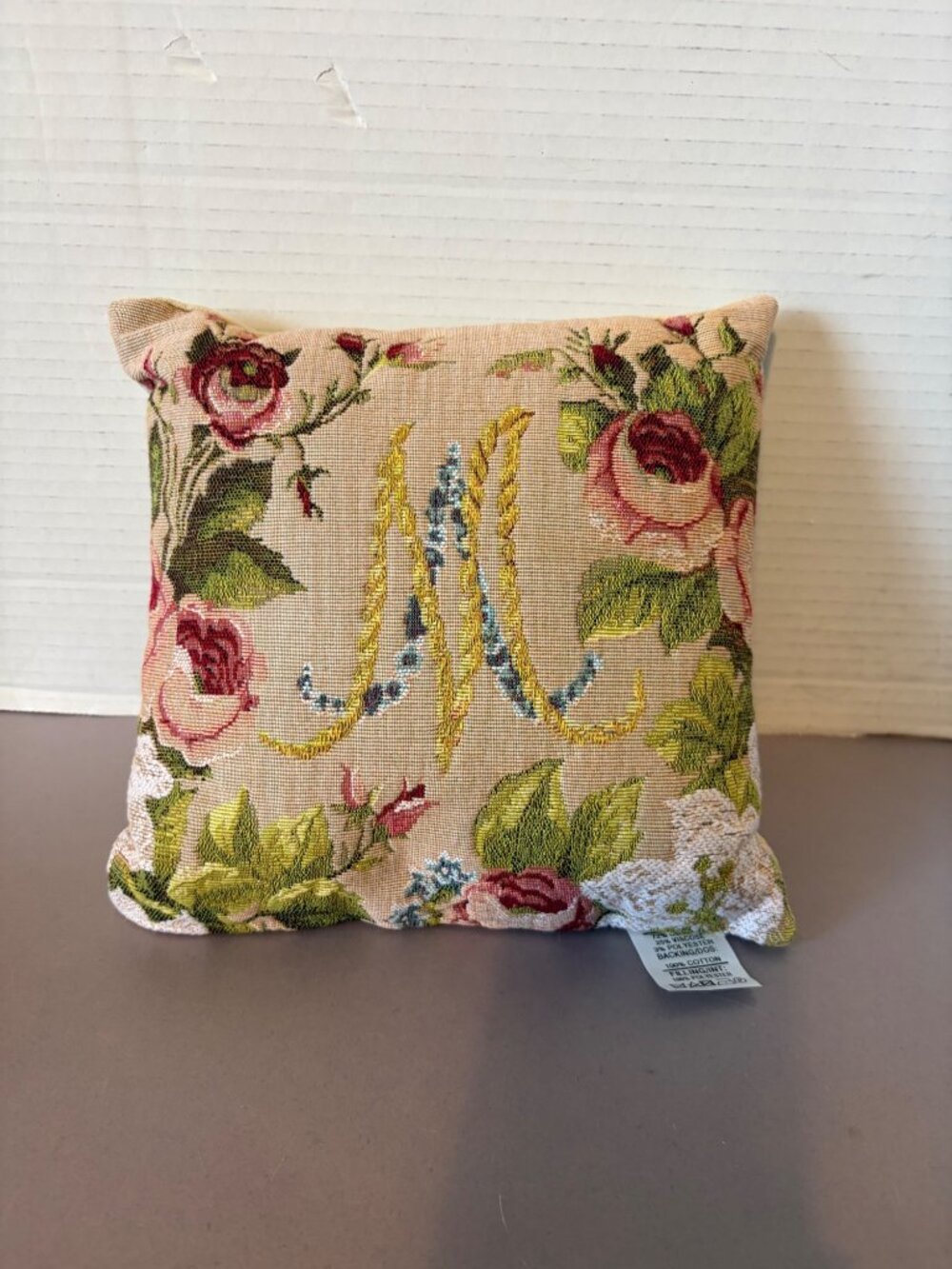 Floral Monogrammed Tapestry Accent Pillow With "M" Embroidery By Art De Lys - 8"